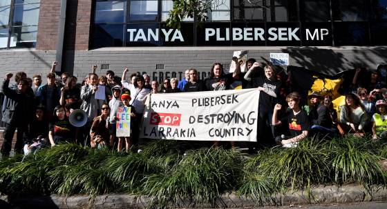 Protesters outside Tanya Plibersek's office in July 2023 (Image: AAP/Bianca De Marchi)