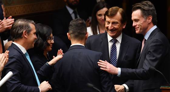 NSW Treasurer Daniel Mookhey congratulated by Premier Chris Minns and others (Image: AAP/Bianca De Marchi)