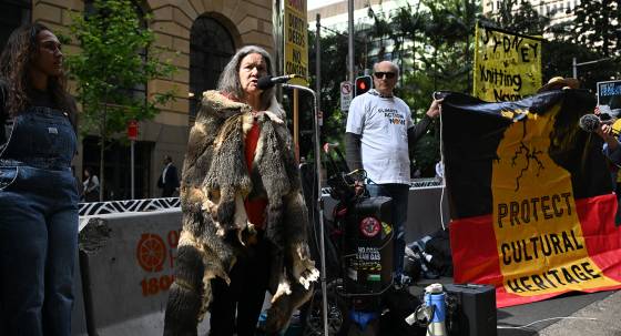 Aunty Rhonda with others protesting against Tamboran Resources's bid to frack the Northern Territory’s Beetaloo Basin (Image: AAP/Dean Lewins)
