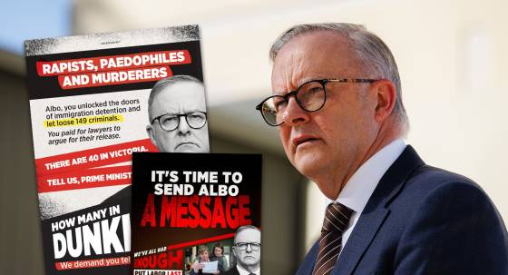 Advance's Dunkley campaign advertising; Prime Minister Anthony Albanese (Image: AAP/Richard Wainwright)