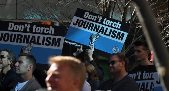 Nine Publishing journalists on strike outside their office in Sydney, July 26, 2024 (Image: AAP/Mick Tsikas)