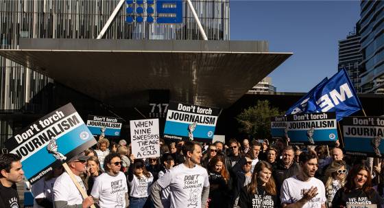 Journalists employed by Nine on strike outside their office in Melbourne, July 26 (Image: AAP/Diego Fedele)