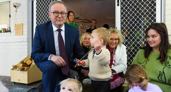 Anthony Albanese at a childcare facility in Brisbane (Image: AAP/Jono Searle)