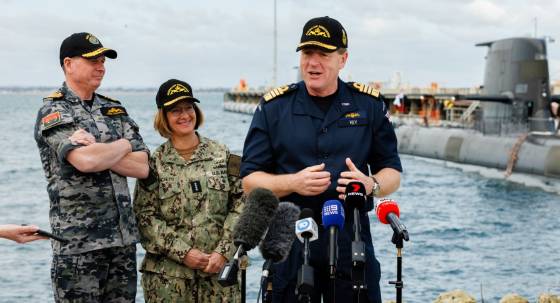 Royal Australian Navy Admiral Ben Key speaks with US and UK counterparts in Perth (Image: AAP/Richard Wainwright)