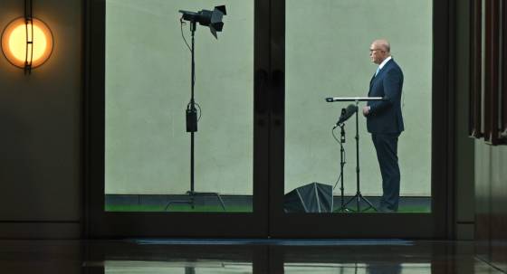 Peter Dutton giving an interview after the budget (Image: AAP/Mick Tsikas)