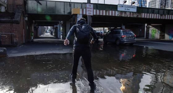 A flooded road in Melbourne yesterday (Image: AAP/Daniel Pockett)