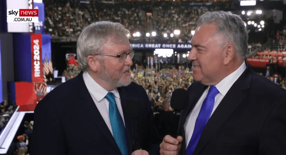US ambassador Kevin Rudd speaking with former US ambassador Joe Hockey (Image: Sky News)