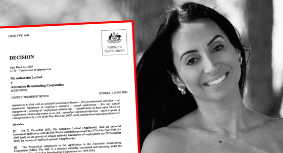 Antoinette Lattouf and a page from the FWC ruling of Antoinette Lattouf vs the ABC (Images: FWC/Supplied)