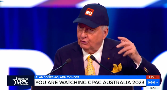 Alan Jones at CPAC Australia, where he repeated a proven lie that kitty litter was being put in school bathrooms (Image: Twitter)
